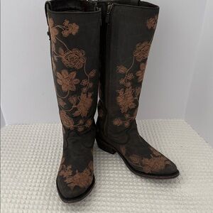 WOMENS Liberty brown floral embroidered tall suede boots SZ 8.5
